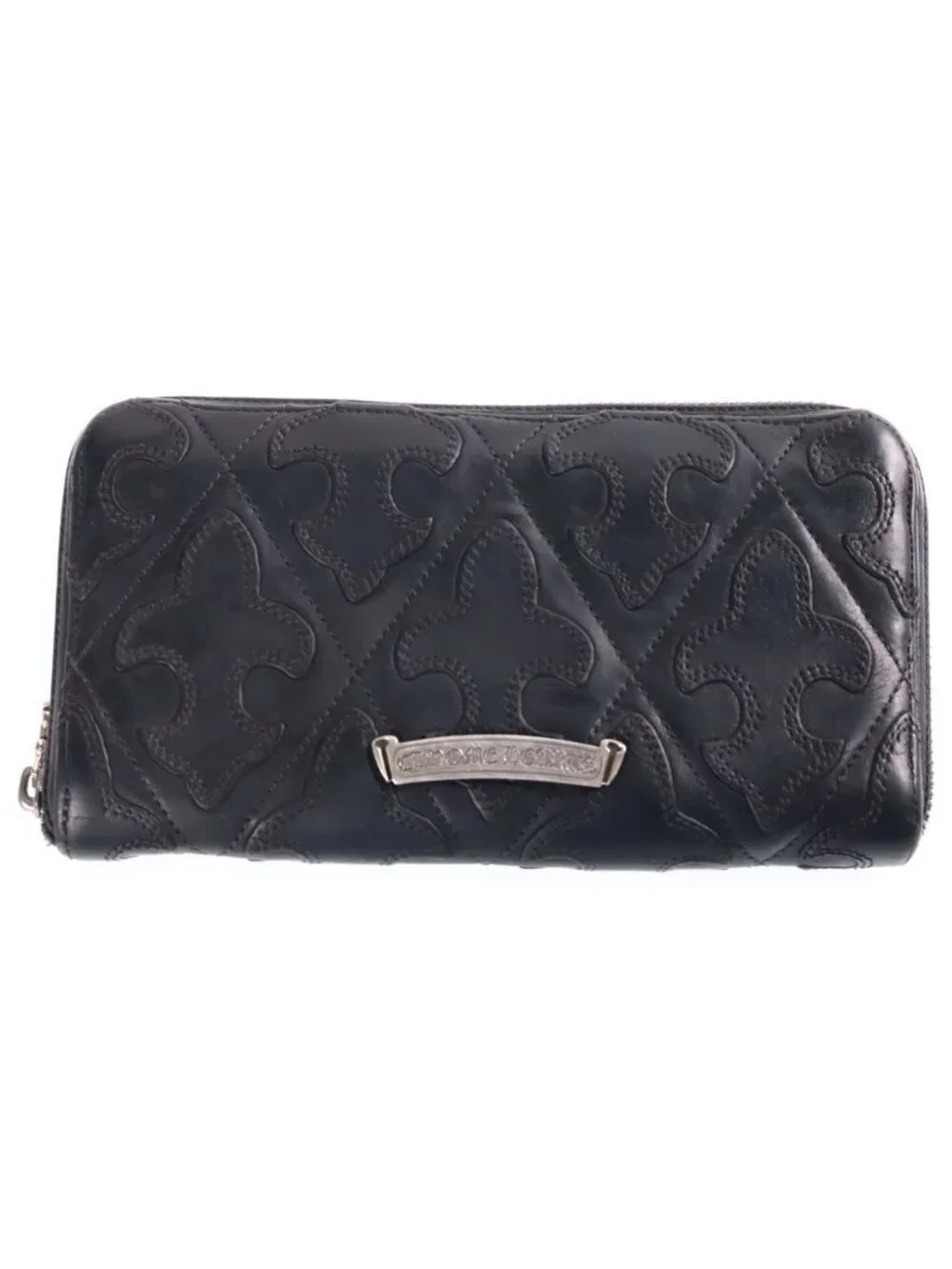 Chrome Hearts Rec Zip Quilted Wallet Cemetery Flare Patch Leather Black